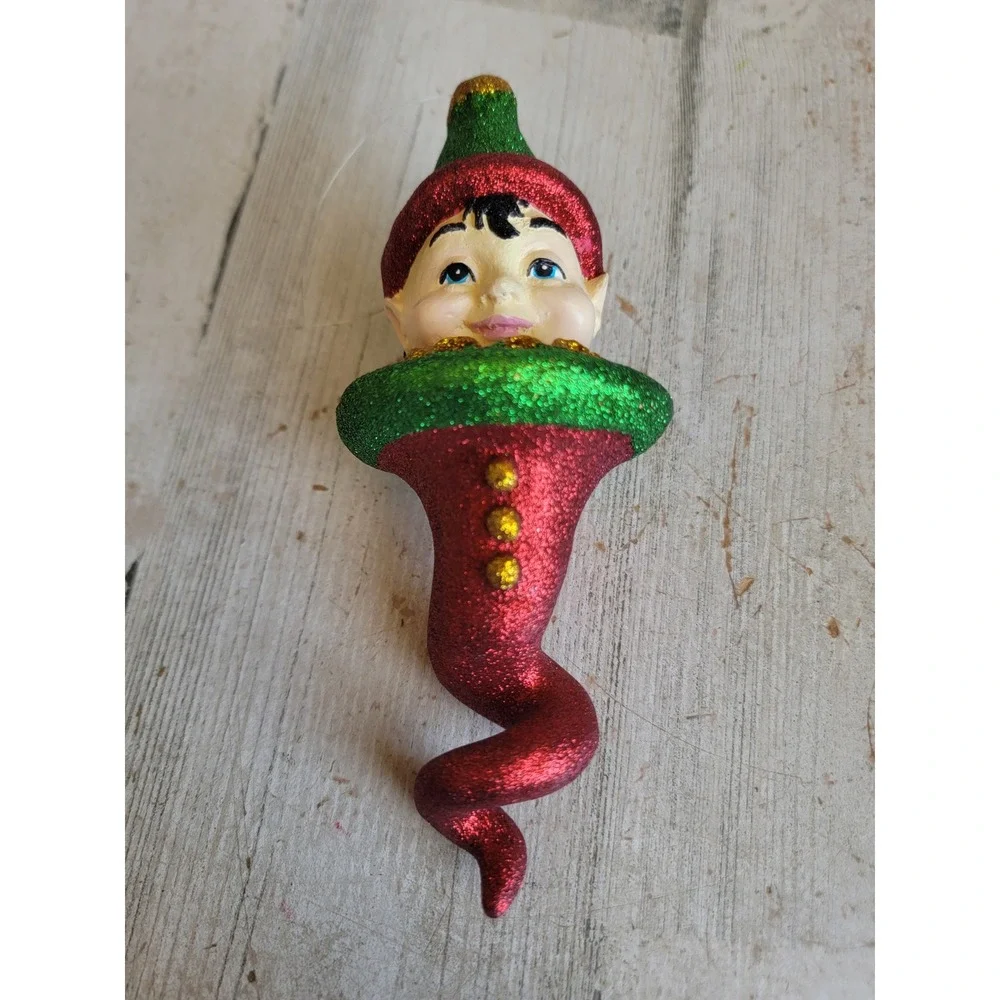Vintage dept 56 glitter elf Santa helper twist abstract ornament Xmas cork
